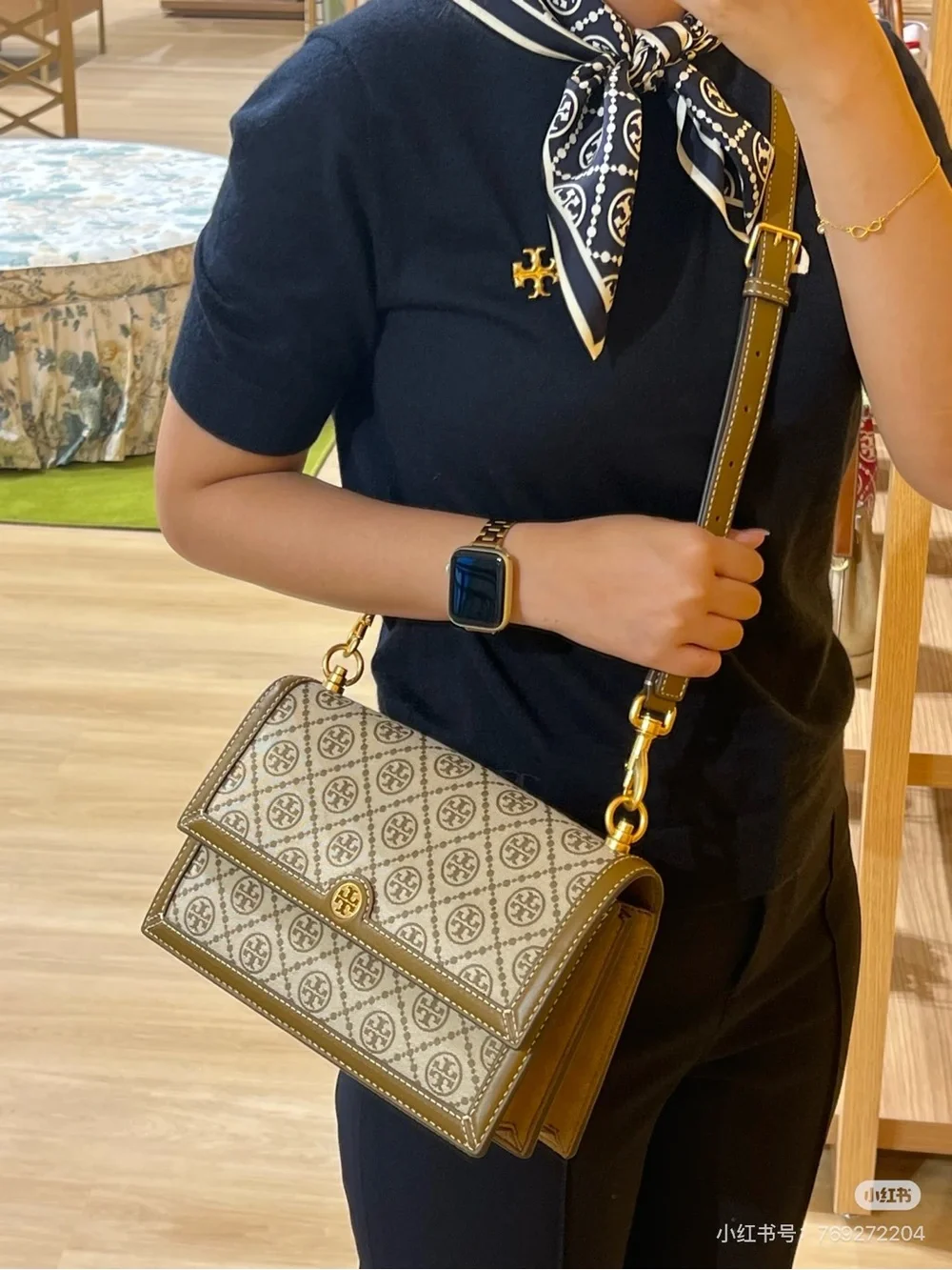 NWT Tory Burch 81863 T MONOGRAM SHOULDER BAG Hazelnut